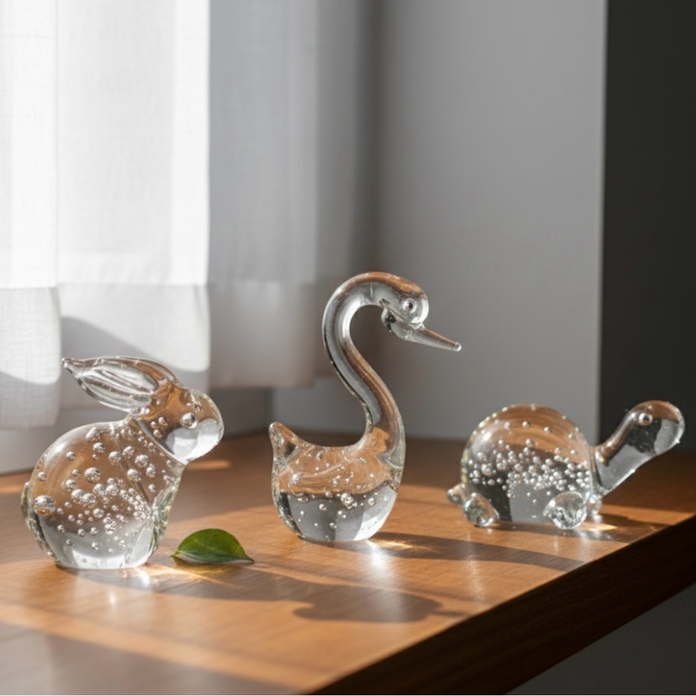 Lot of 3 Vintage Clear Glass Paperweights Rabbit Swan Turtle